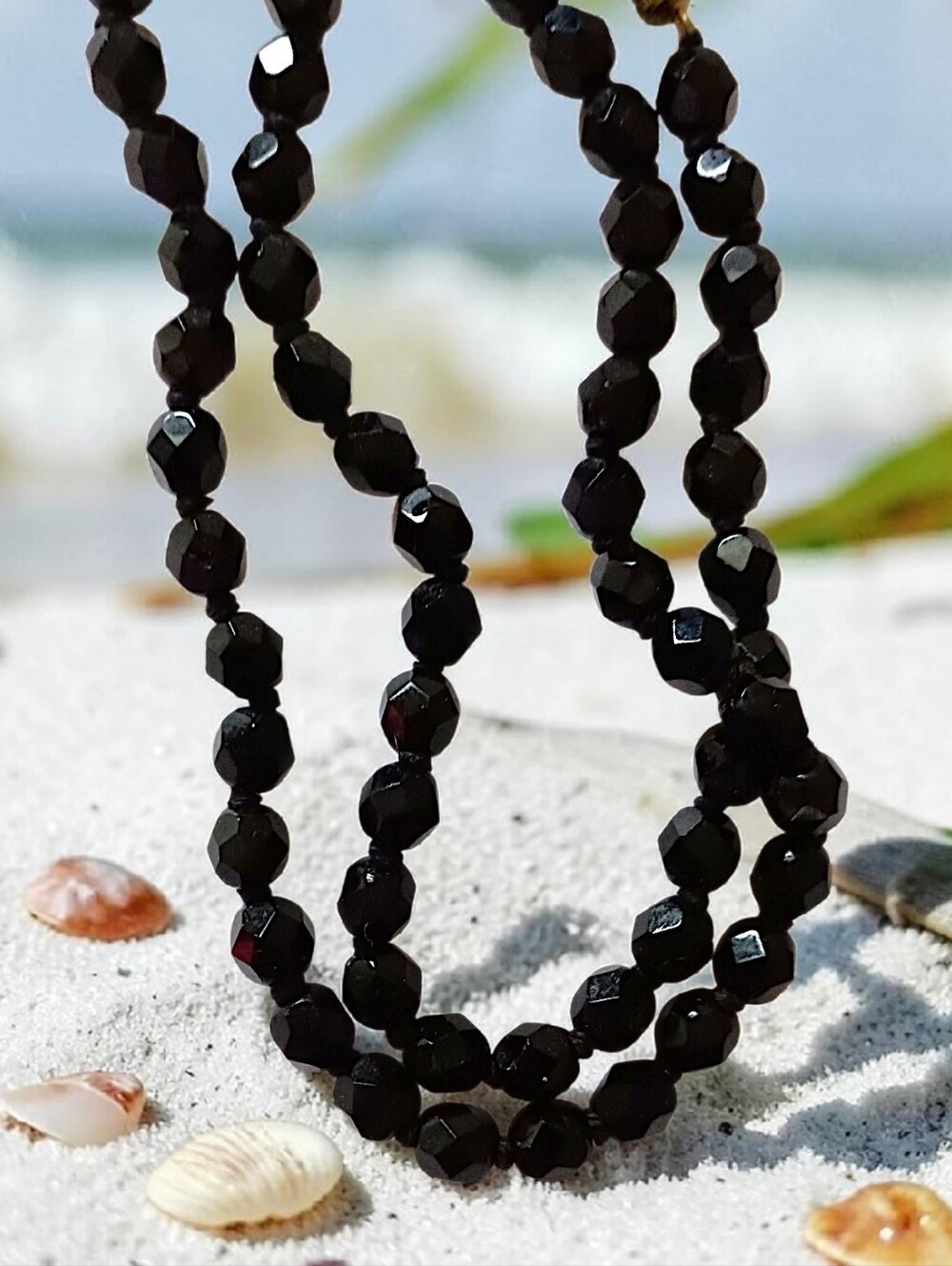 Vtg Antique Jet Faceted Bead Necklace 46" Hand Knotted Flapper Mourning Black